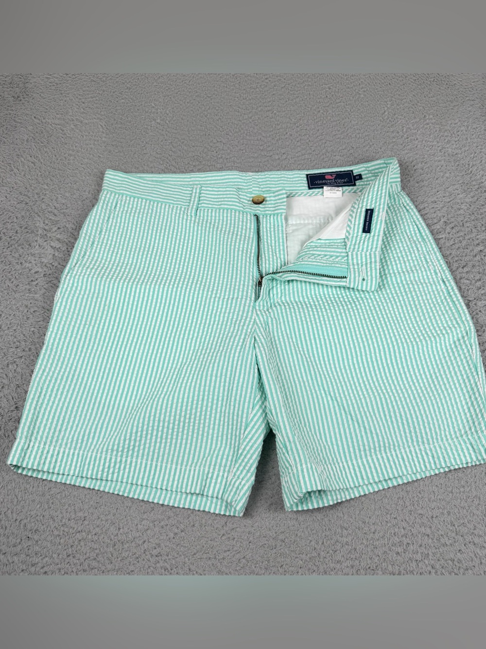 Vineyard Vines Breaker Shorts 32 Green White Seersucker Striped Chino Preppy
